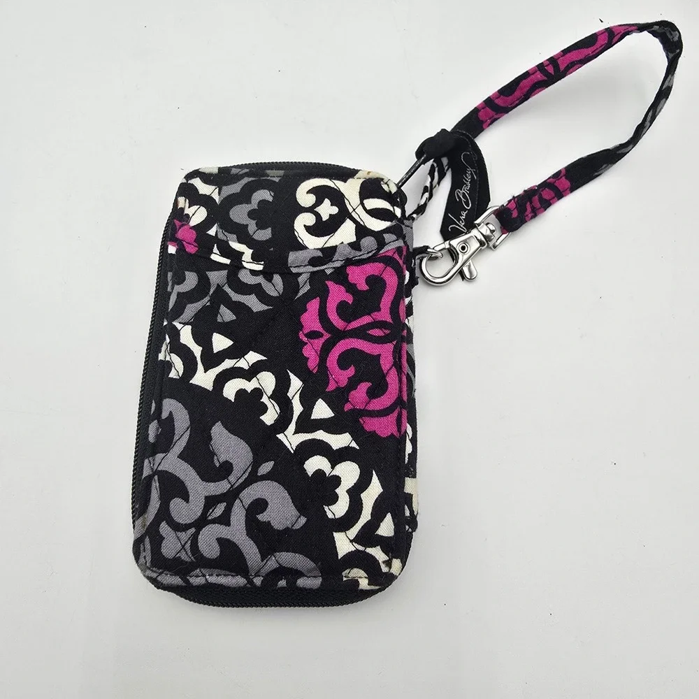 Vera Bradley Wristlet Wallet ID Window Zip Around Black Pink Gray Floral Pattern
